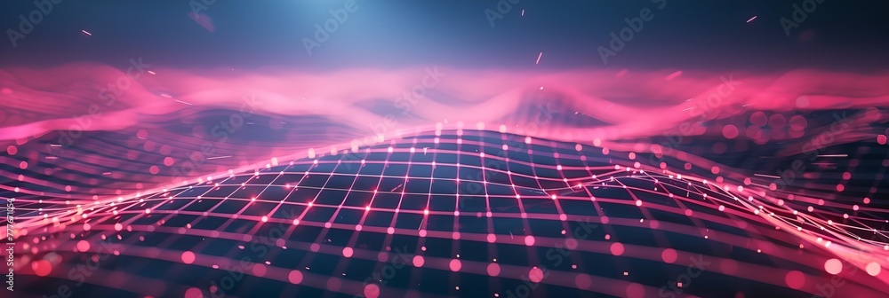 Poster a computer generated image of a pink and blue wave with a grid pattern