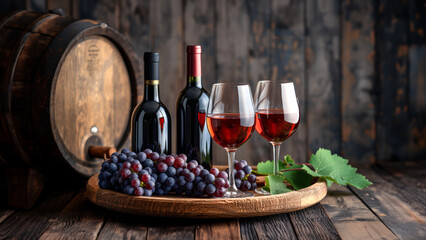 Two bottle of red wine next to two poured glasses, with a bunch of blue grapes on a wine barrel as a table, wine cellar as a background.