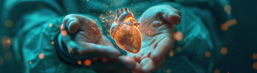 Close-up of a surgeon's hands maneuvering a holographic heart model with AI assistance, against a teal background - obrazy, fototapety, plakaty