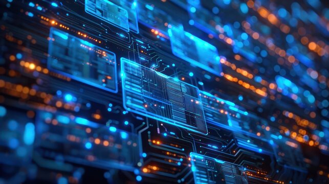 research database, with blue digital folders categorizing vast amounts of wireframe visualized data