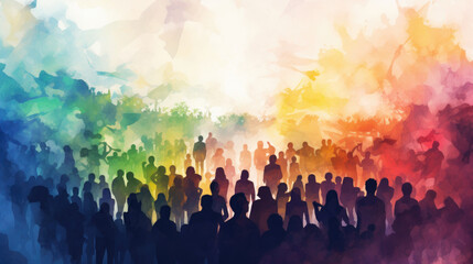 Illustration of crowd of a group of diverse people as silhouettes in rainbow colors, isolated on white background, watercolor ink splash.