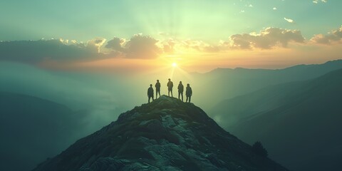 Group of people stand on a mountain peak, looking out at the sunset. Scene is peaceful and serene, as the people are enjoying the beauty of nature and the moment of victory - obrazy, fototapety, plakaty
