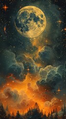 Obraz na płótnie Canvas Whimsical Night Sky Illustration with Fluffy Clouds and Celestial Elements Generative AI