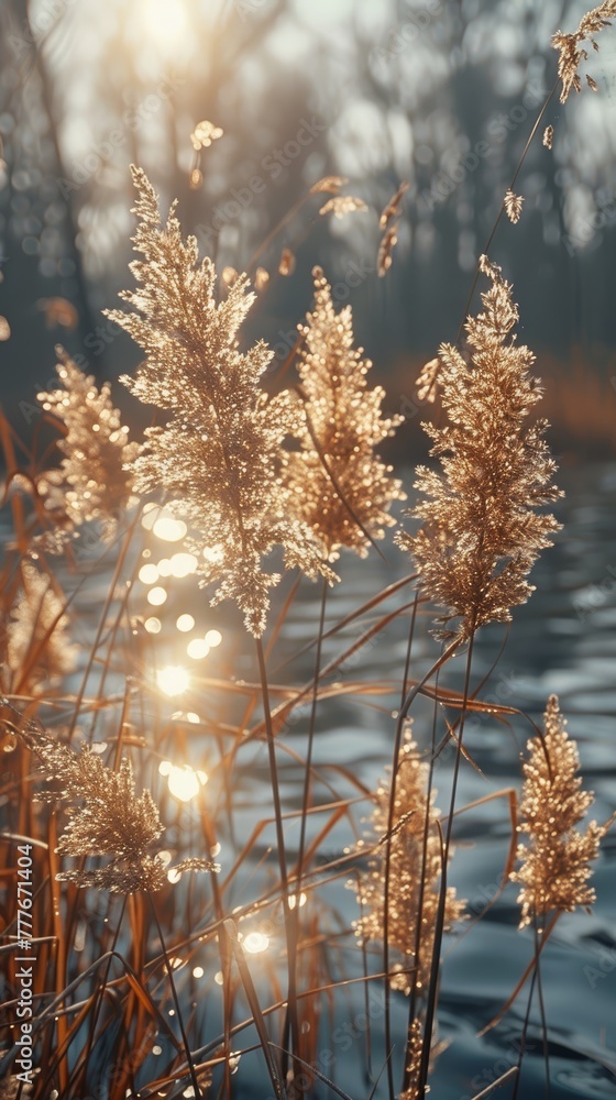 Aufkleber serene tall grass by the water in boho style generative ai