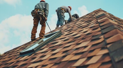 Witness skilled roofers atop a pitched roof, meticulously installing shingles with precision and teamwork. - 777671434