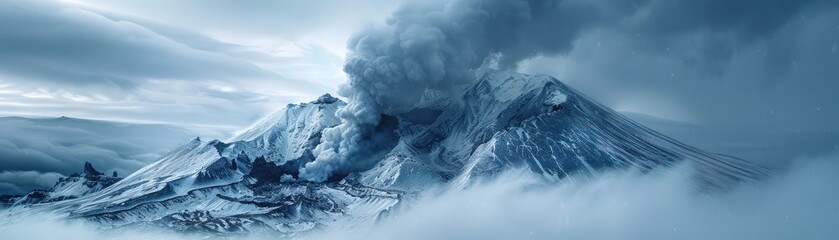 Close-up of a hydrothermal vent spewing volcanic gases through a layer of snow on a mountain peak - obrazy, fototapety, plakaty
