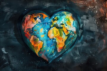 Colorful heart-shaped earth painting on dark background - 777671679
