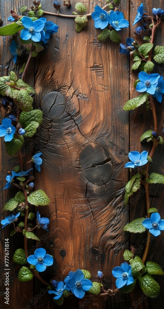 Poster Blooming Forget-Me-Nots on Rustic Wooden Surface Generative AI