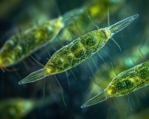 Close-up of a euglena colony, focusing on the greenish hue and flagella, through differential interference contrast microscopy