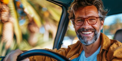 Smiling Man Driving Car - obrazy, fototapety, plakaty