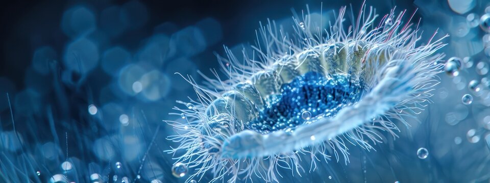 Close-up of a eukaryotic paramecium, showcasing its cilia and oral groove, in a drop of water