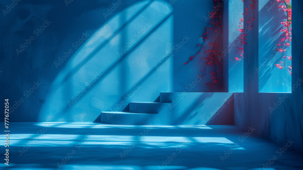 Poster blue background for product presentation with shadows and light. empty podiums. mockup.