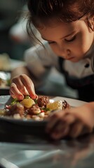 Close-up of a child's hands meticulously plating a gourmet dish, with a focused expression