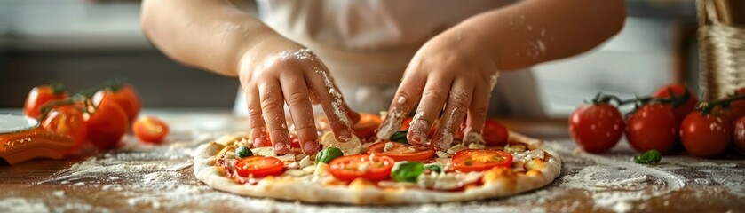 Close-up of a child chef delicately placing toppings on a homemade pizza, utterly focused - obrazy, fototapety, plakaty