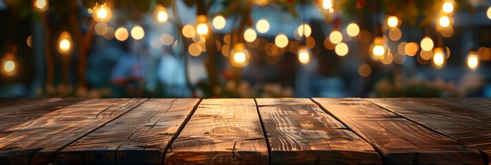 Modern cozy restaurant with lights, blurred background with wooden table for product and text placement.