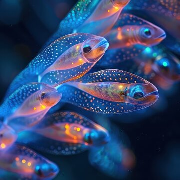 Close-up of a chain of salp plankton, illuminated in neon colors to show their unique, transparent bodies