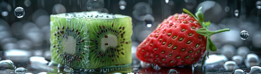 Close-up of a 3D-rendered cube with kiwi texture on one side, and strawberry on another, showcasing contrasting seeds