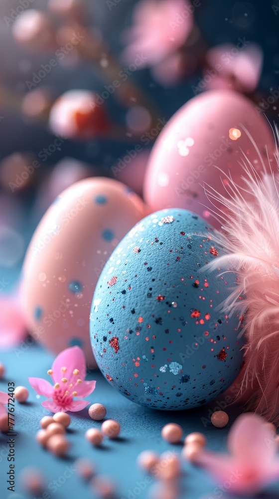 Poster elegant easter backdrop with feathers and eggs generative ai