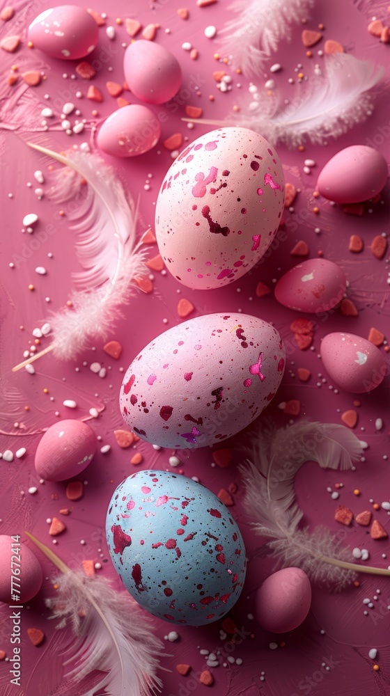 Poster elegant easter scene with feathers and painted eggs generative ai