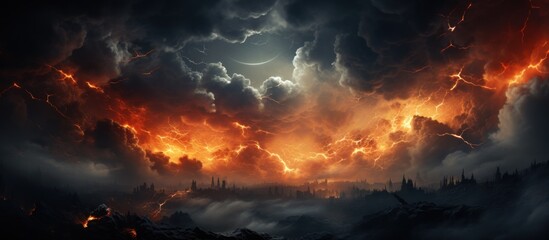Fototapeta na wymiar Fantasy landscape with city and stormy sky.