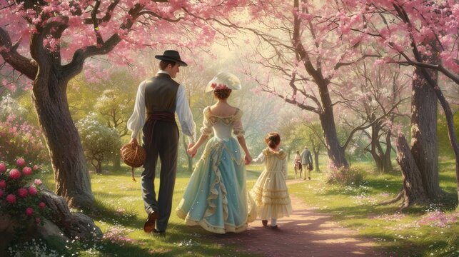 An art piece depicting a family enjoying a day at the park, walking under the sun hats and trees, surrounded by green grass. A fun outdoor recreation event in a beautiful landscape AIG42E