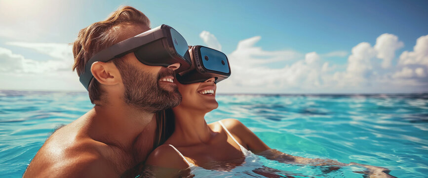 Lifestyle portrait of happy couple on vacation swimming in idyllic tropical ocean paradise wearing virtual reality simulation glasses