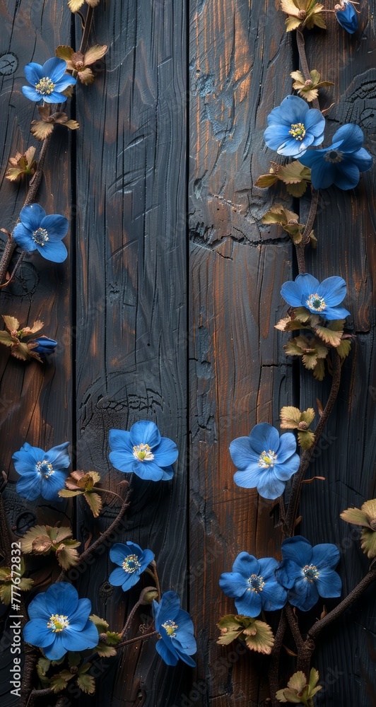 Poster rustic wooden background with forget-me-nots generative ai
