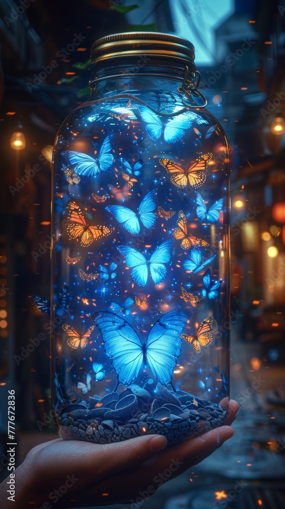 Poster captivating ethereal hand holding mysterious jar with butterflies generative ai