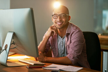 Man, portrait and office with computer for designer work or research for industrial design,...