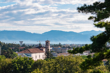 Aerial panoramic view of historic city of Udine, Friuli Venezia Giulia, Italy, Europe. Viewing...