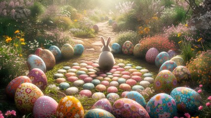 An organism, the rabbit, is perched on a mound of colorful Easter eggs amidst the natural landscape...