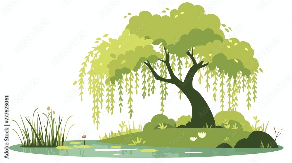 Poster serene willow tree reflection by a pond generative ai