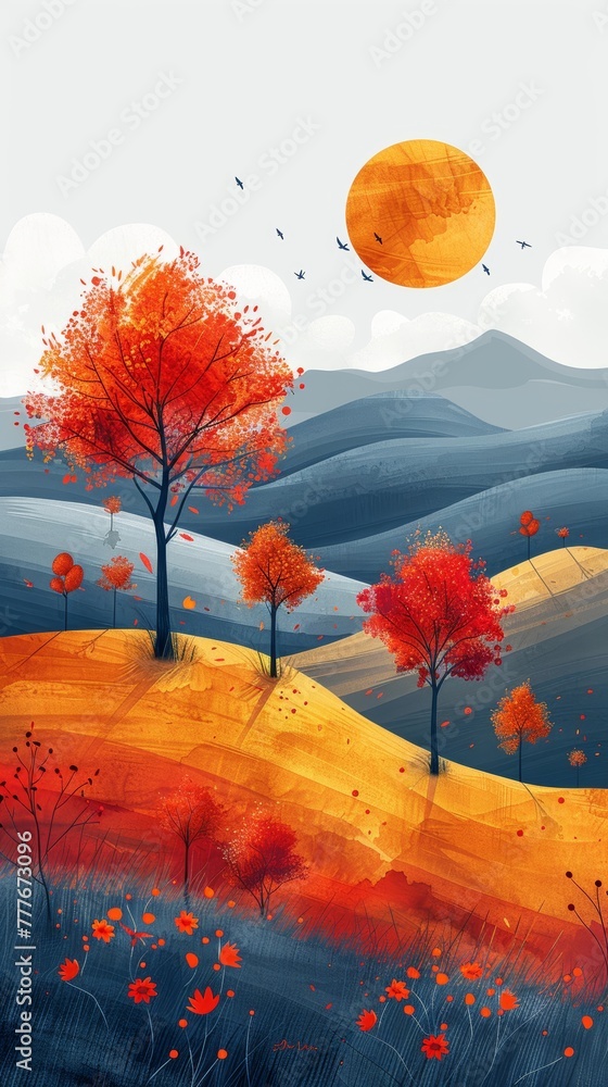 Poster minimalist landscape with hills and trees generative ai
