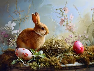 Easter bunny with eggs, beautiful Easter celebration.