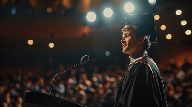 A graduate giving a speech on stage, the moment captured in an editorial style with a focus on the speaker and the attentive audience in the background.