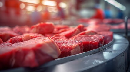 Fresh Raw Pork Chops in Meat Factory. Raw meat cuts on a industrial conveyor belt. Meat processing in food industry. - obrazy, fototapety, plakaty