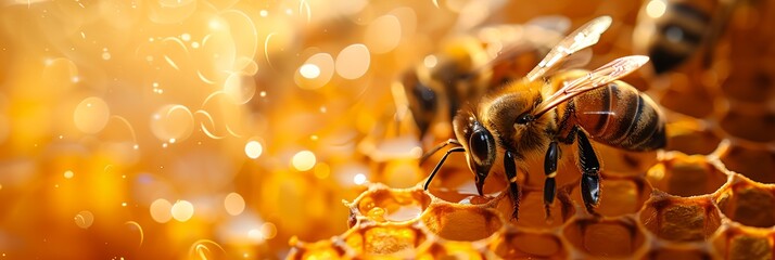 A bee is on a honeycomb - obrazy, fototapety, plakaty