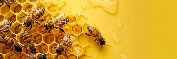 A group of bees are seen on a yellow background