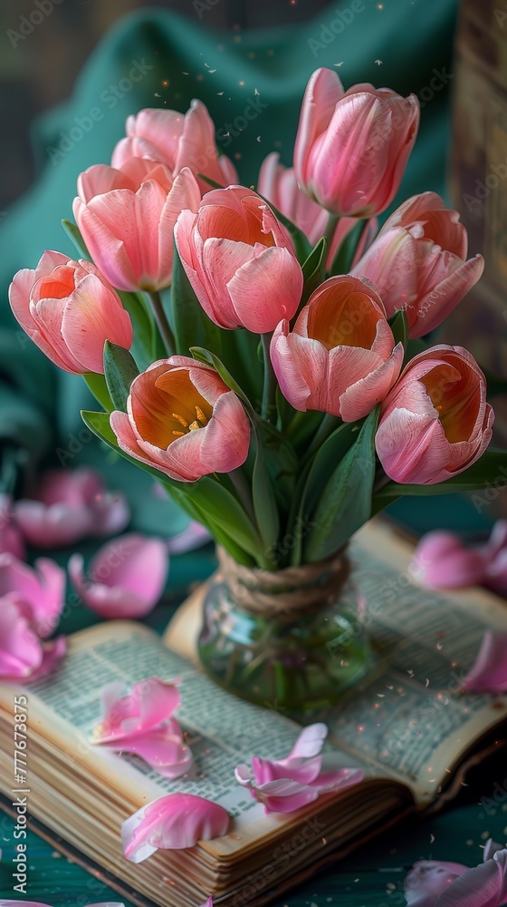 Poster springtime delight - tulips on an open book generative ai