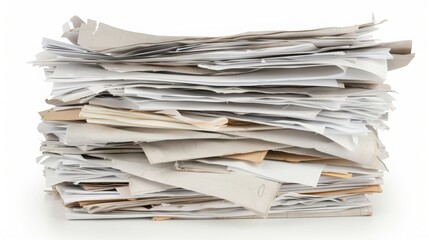 messy stack of white papers on a plain white background