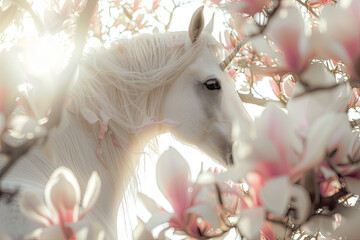White horse on a white background among flowering branches of magnolia - 777674433