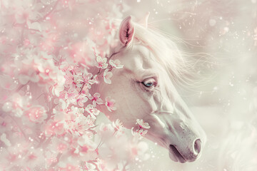 White horse on a white background among flowering branches of cherry trees - 777674442