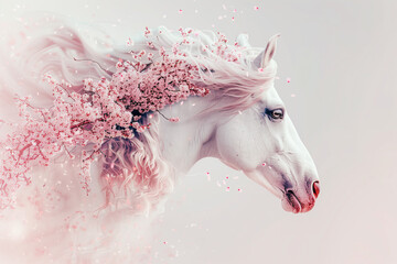 White horse on a white background among flowering branches of cherry trees - 777674450