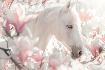 White horse on a white background among flowering branches of magnolia, a soft pink magnolia tree in the foreground, sunlight shining through the petals, delicate pastel colors, a dreamy atmosphere