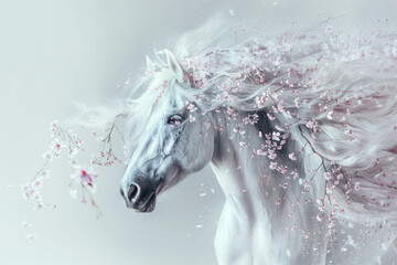White horse on a white background among flowering branches of cherry trees