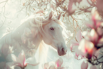 White horse on a white background among flowering branches of magnolia - 777674459
