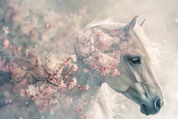 White horse on a white background among flowering branches of cherry trees - 777674466