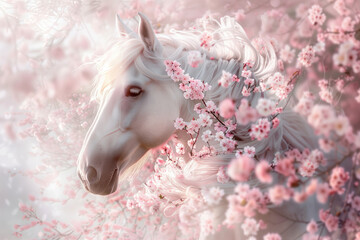 White horse on a white background among flowering branches of cherry trees - 777674469