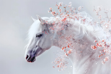 White horse on a white background among flowering branches of cherry trees - 777674481
