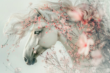 White horse on a white background among flowering branches of cherry trees - 777674483